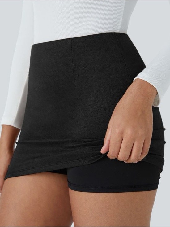 Halara High Waisted Black 2-in-1 Bodycon Suede Mini Casual Skirt Size XL - Picture 2 of 10